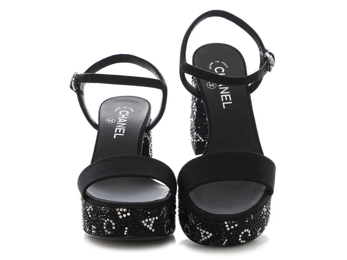 Chanel Black and Silver Crystal Platform Sandals - Image 2