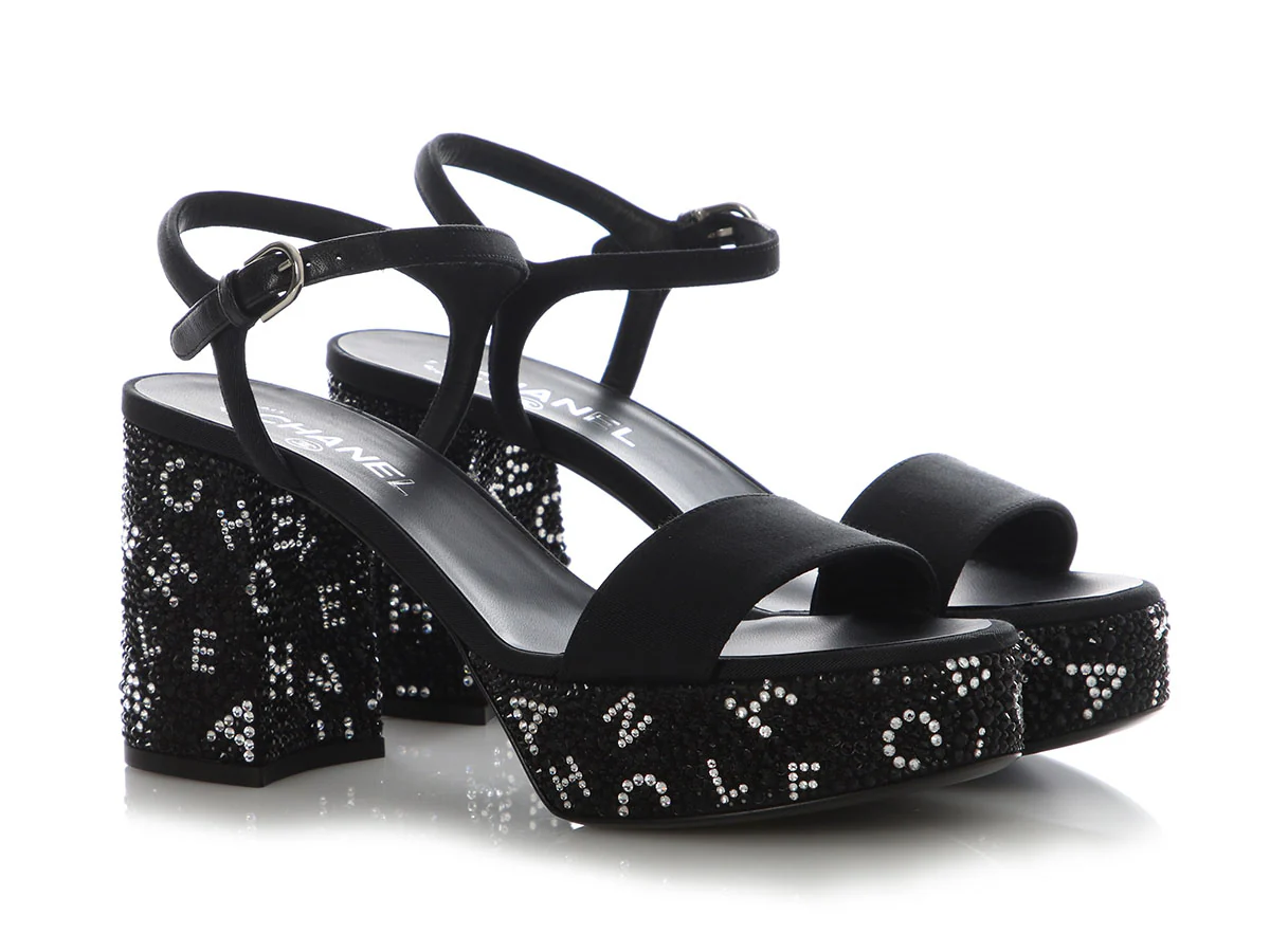 Chanel Black and Silver Crystal Platform Sandals - Image 5
