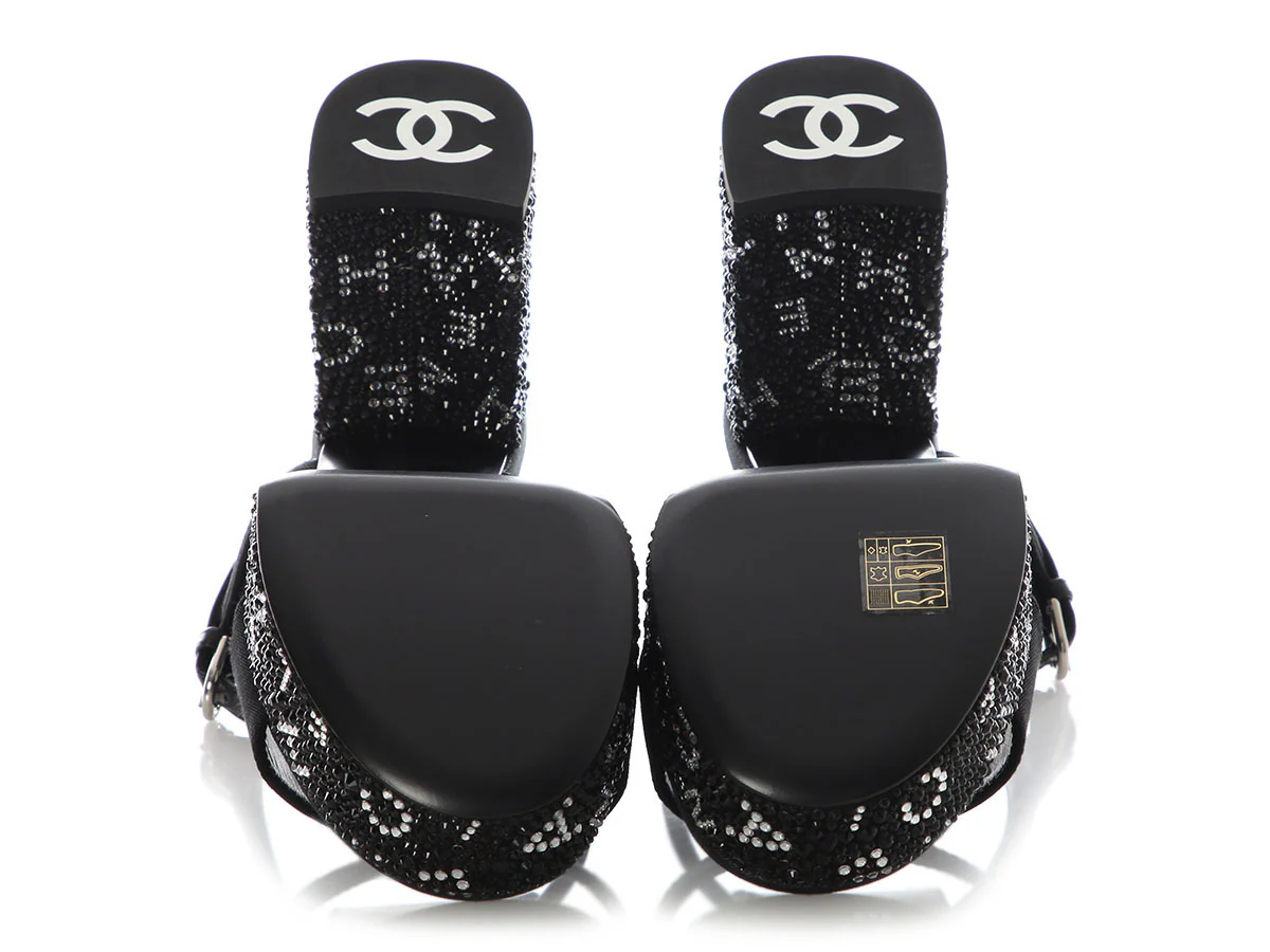 Chanel Black and Silver Crystal Platform Sandals - Image 6