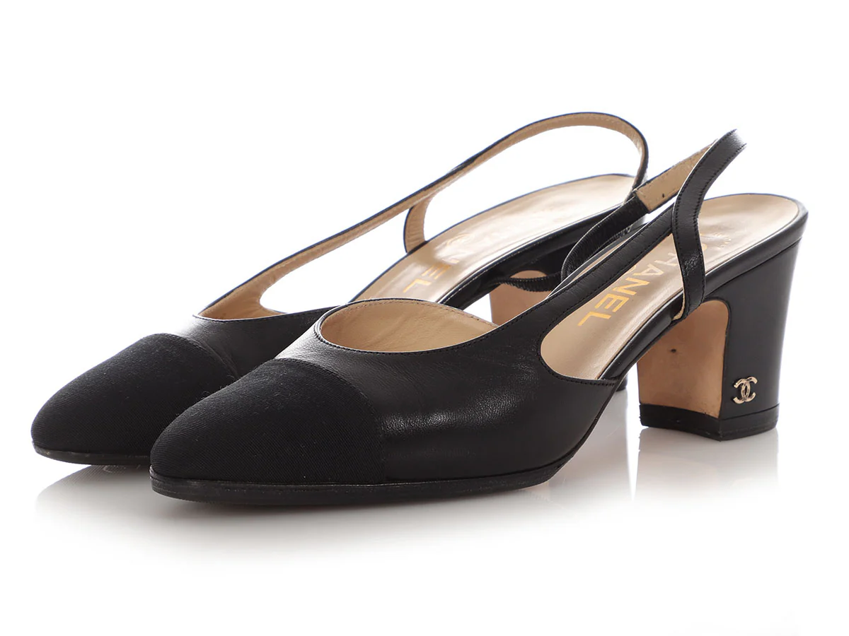 Chanel Black Grosgrain Cap Toe Slingback Pumps - Image 3