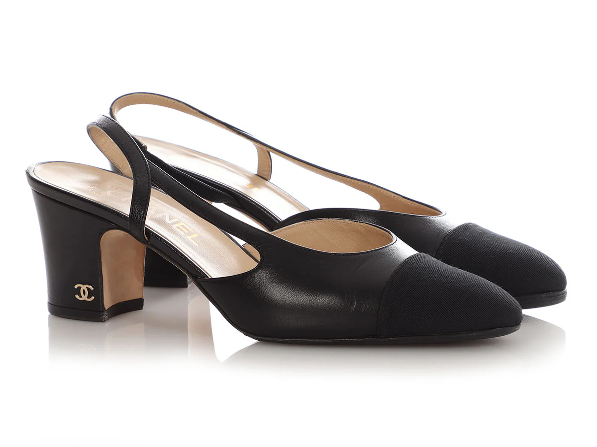 Chanel Black Grosgrain Cap Toe Slingback Pumps - Image 5