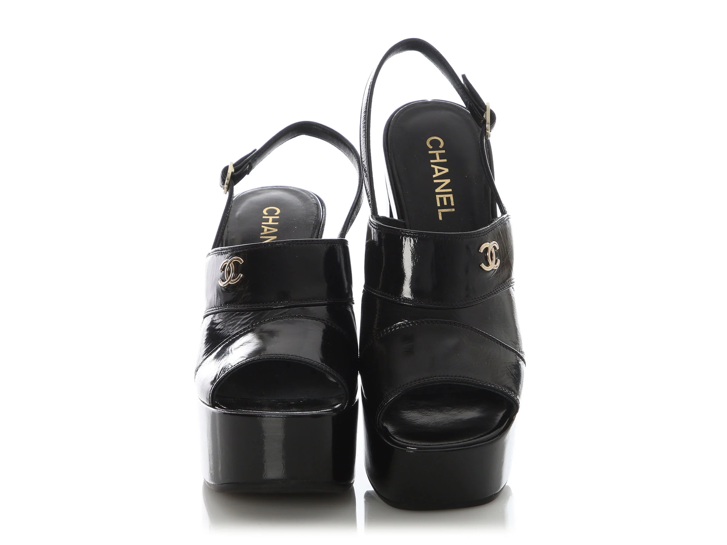 Chanel Black Patent Slingback Platform Sandals - Image 2