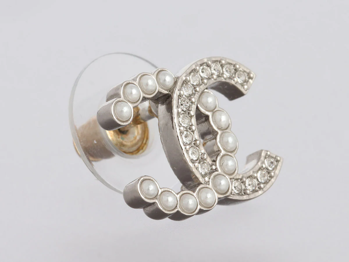 Chanel Crystal and Pearl Logo Pierced Earrings - Image 3