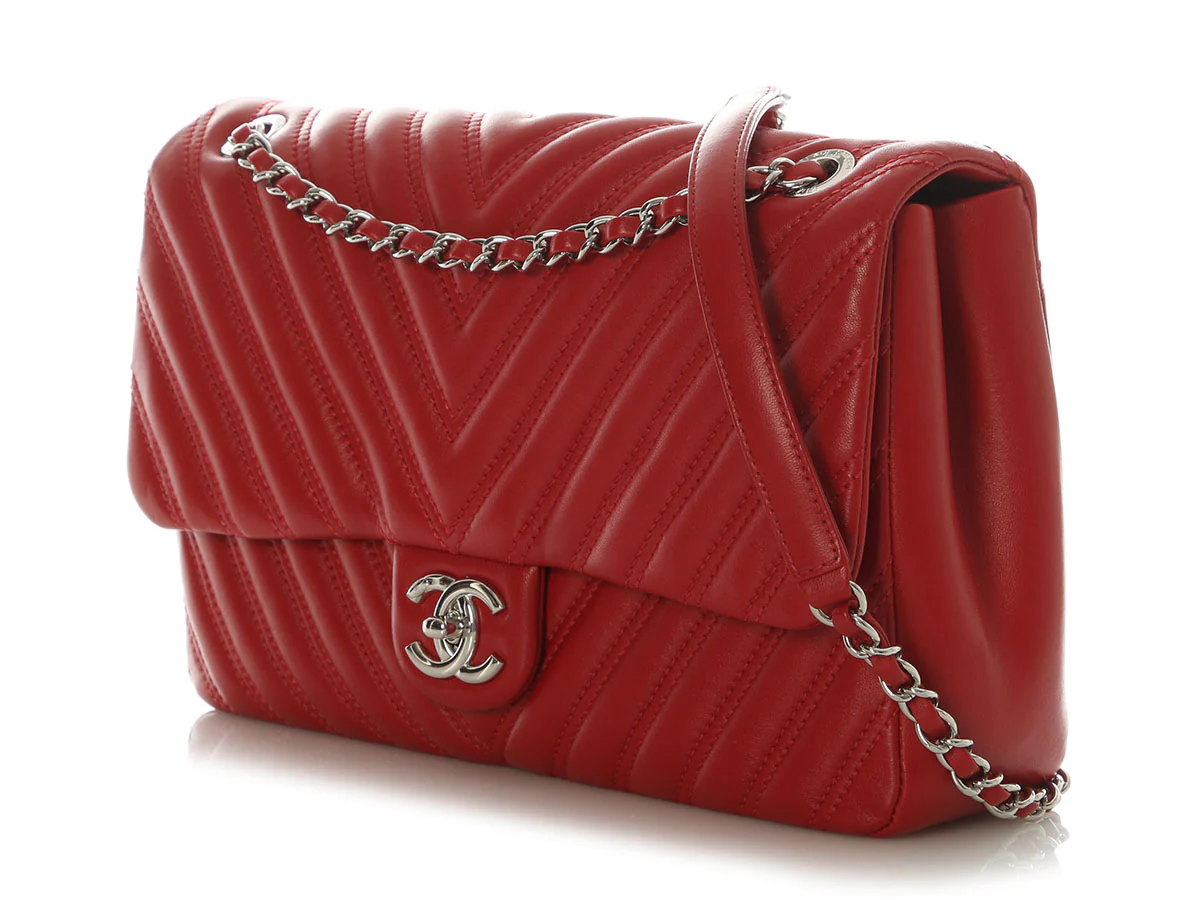 Chanel Jumbo Red Chevron-Quilted Lambskin Classic Single Flap - Image 3