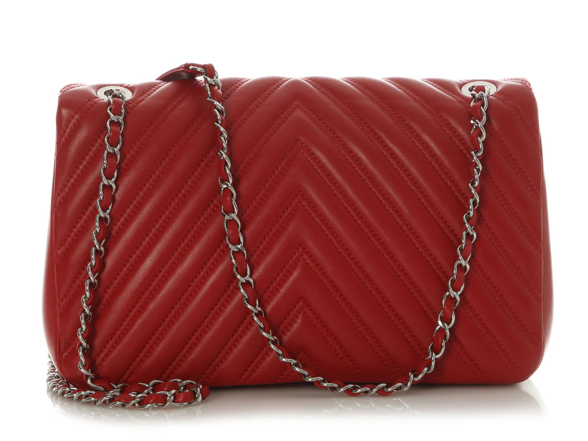Chanel Jumbo Red Chevron-Quilted Lambskin Classic Single Flap - Image 4
