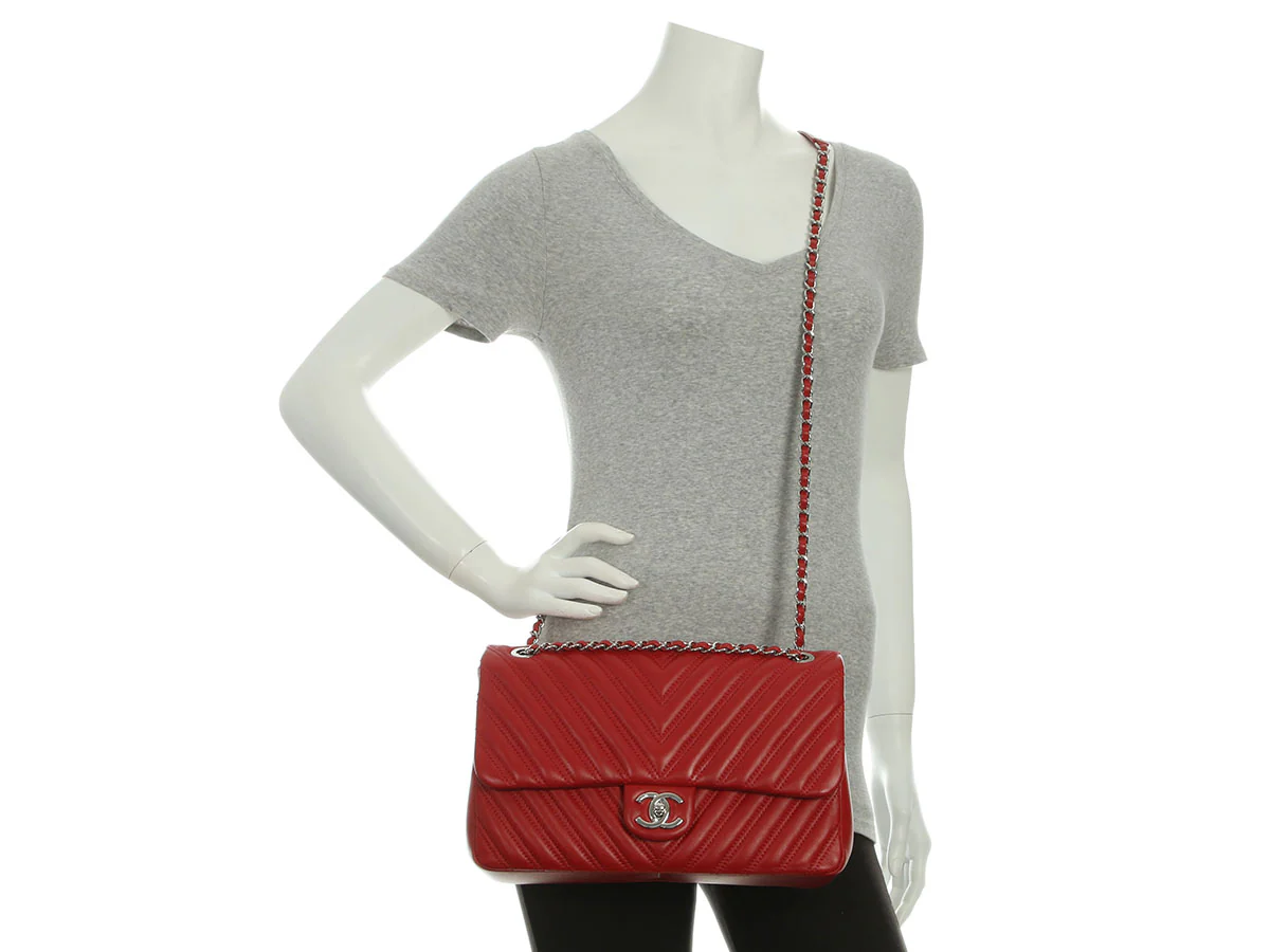 Chanel Jumbo Red Chevron-Quilted Lambskin Classic Single Flap - Image 9