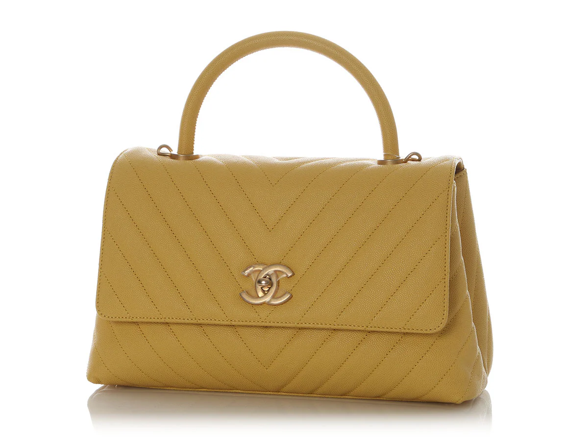 Chanel Large Yellow Chevron-Quilted Caviar Top Handle Bag - Image 2