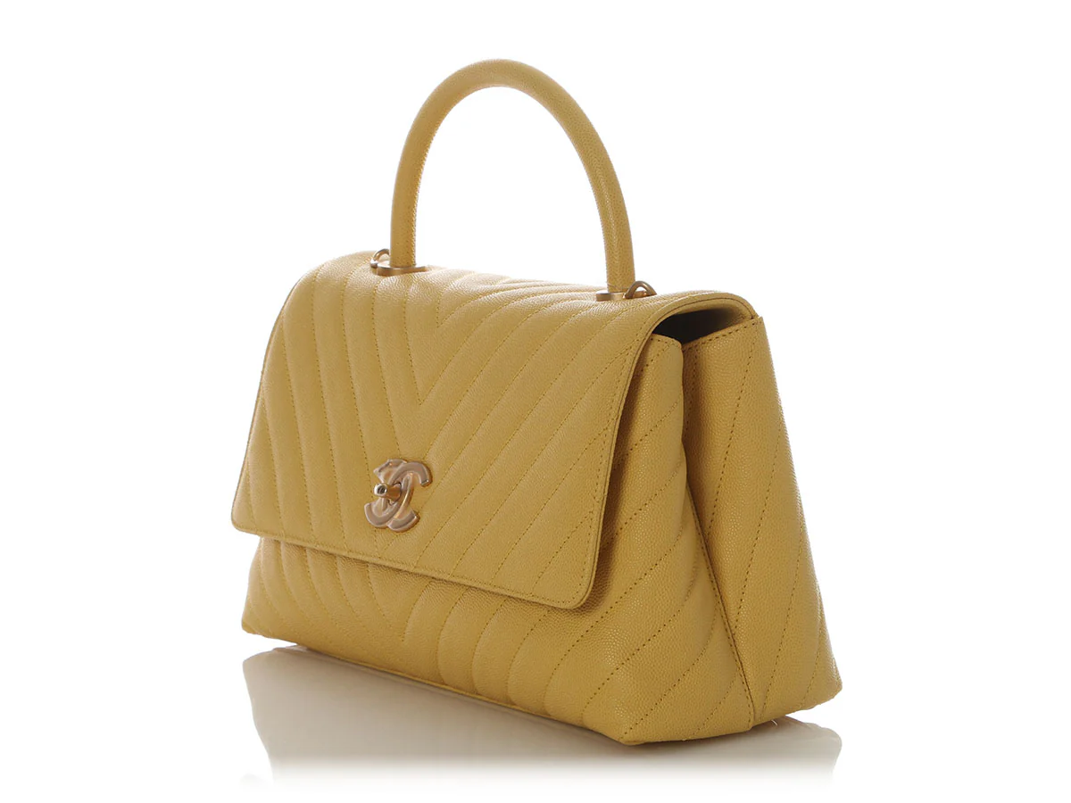 Chanel Large Yellow Chevron-Quilted Caviar Top Handle Bag - Image 3