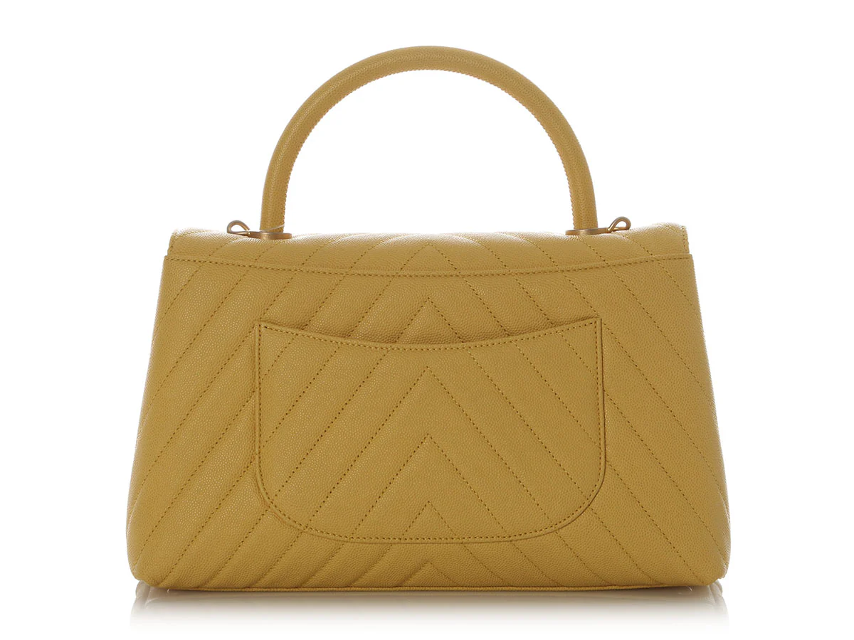 Chanel Large Yellow Chevron-Quilted Caviar Top Handle Bag - Image 4