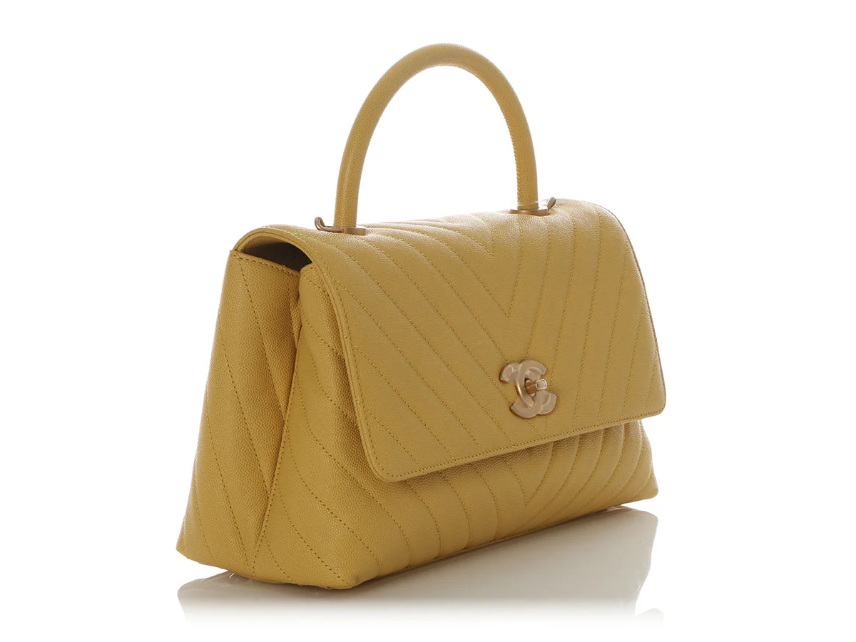 Chanel Large Yellow Chevron-Quilted Caviar Top Handle Bag - Image 5