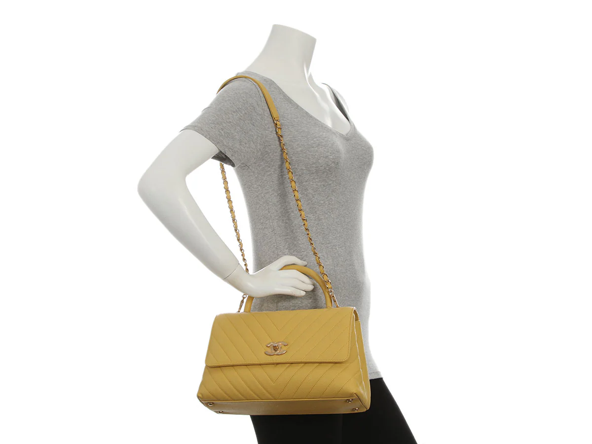 Chanel Large Yellow Chevron-Quilted Caviar Top Handle Bag - Image 9