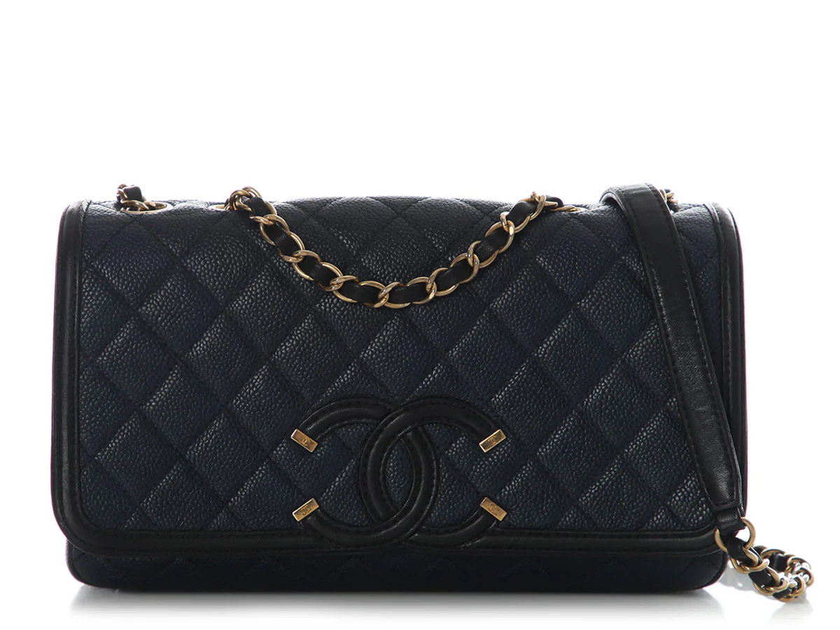 Chanel Medium Navy and Black Quilted Caviar CC Filigree Flap