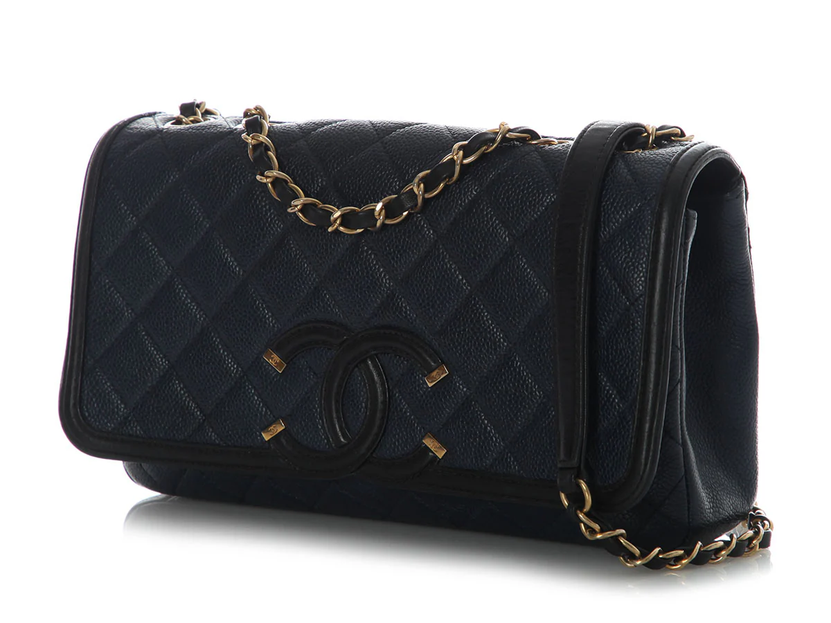 Chanel Medium Navy and Black Quilted Caviar CC Filigree Flap - Image 3