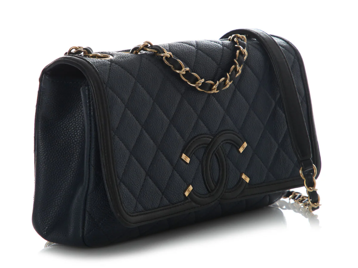 Chanel Medium Navy and Black Quilted Caviar CC Filigree Flap - Image 5