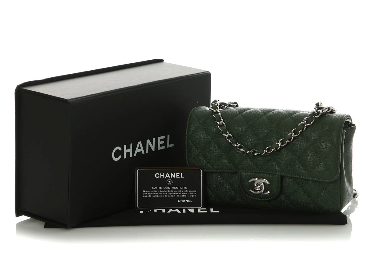 Chanel Mini Dark Green Quilted Caviar Classic - Image 3