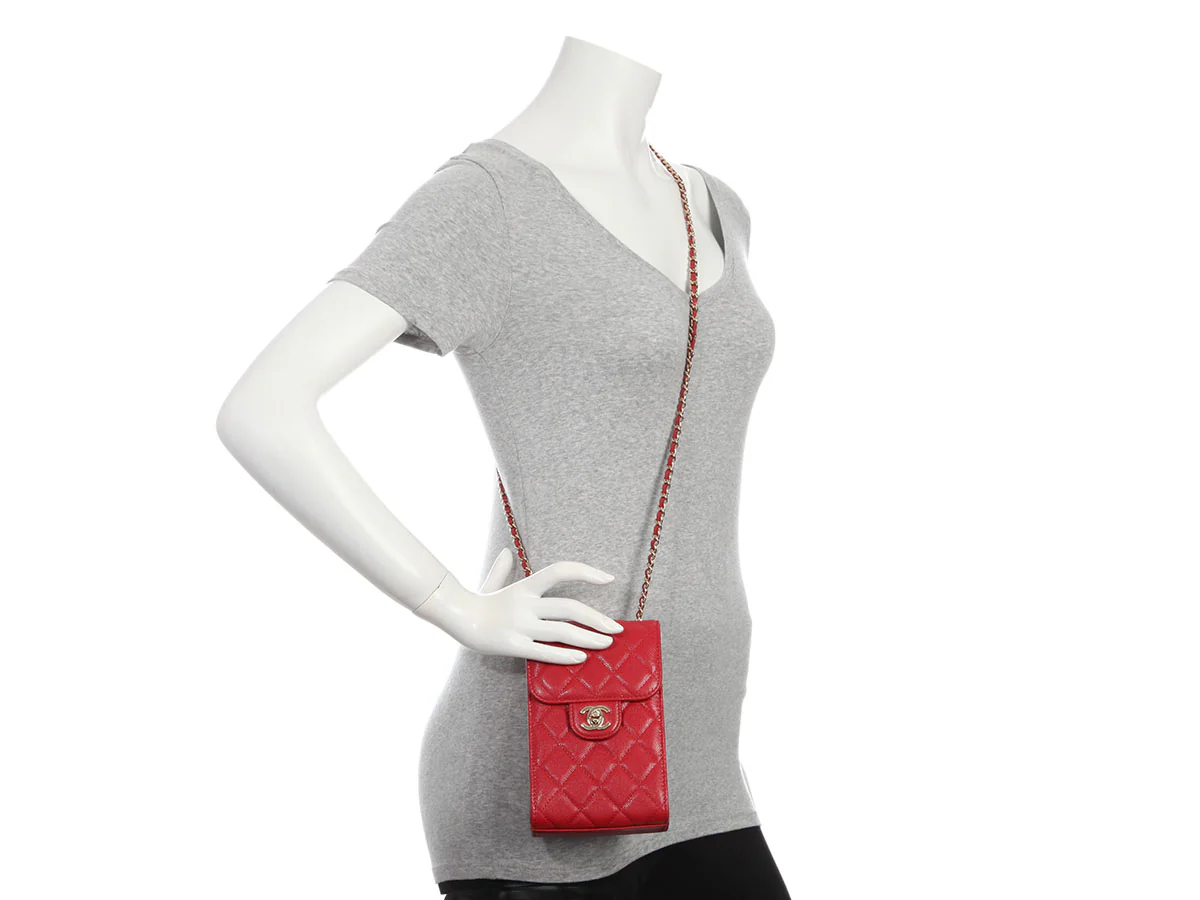 Chanel Red Quilted Caviar Classic Crossbody Phone Holder - Image 10