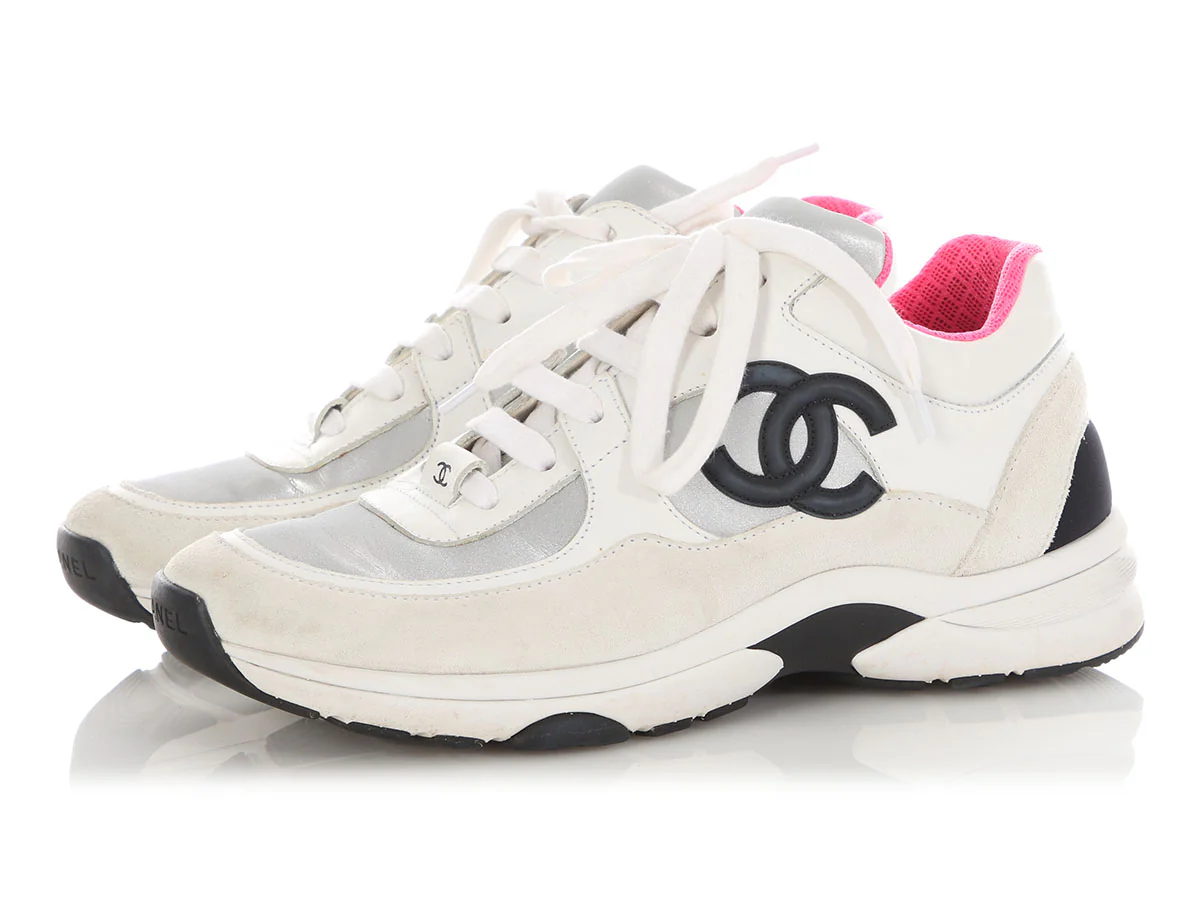 Chanel Silver and Pink CC Sneakers - Image 3