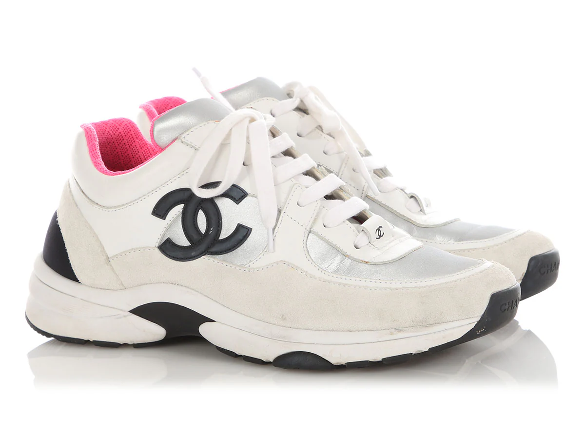 Chanel Silver and Pink CC Sneakers - Image 5