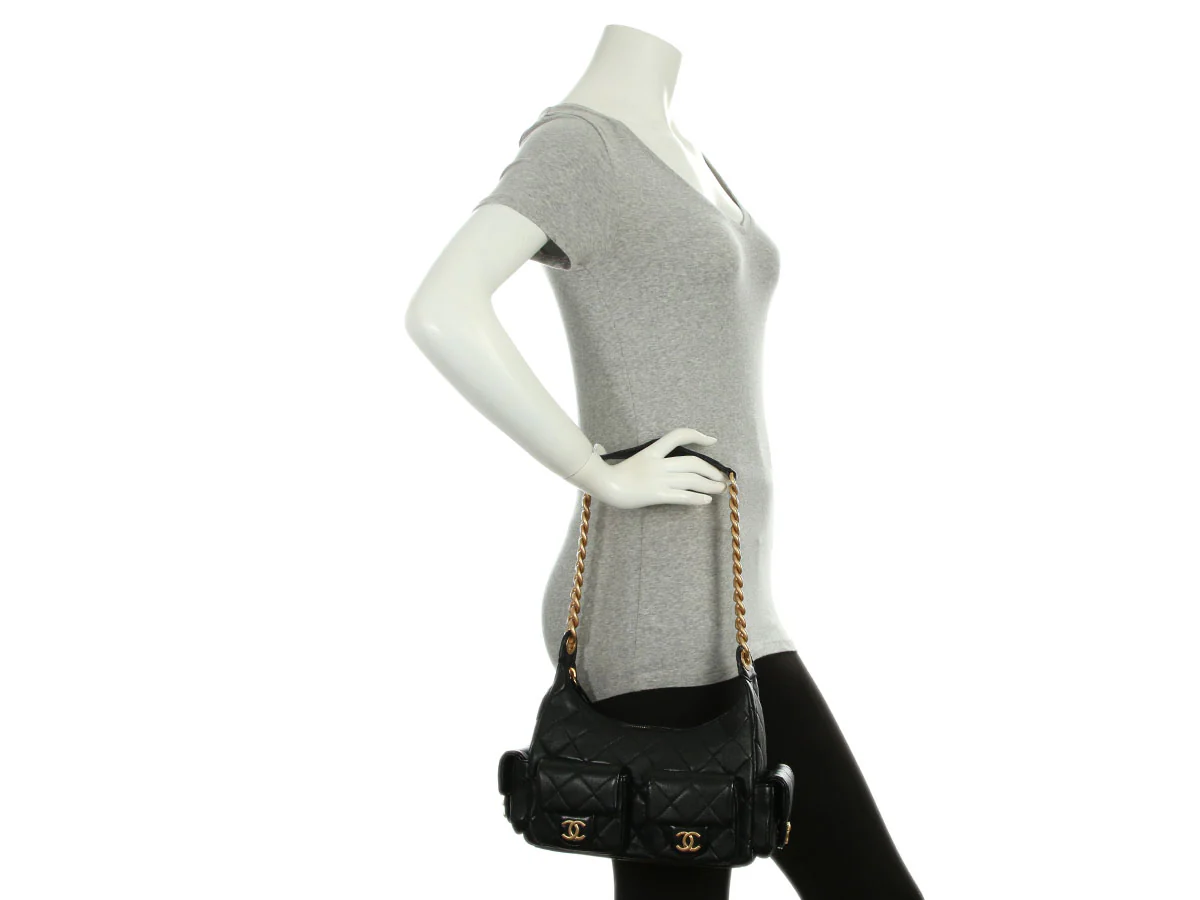 Chanel Small Black Quilted Shiny Lambskin Trendy Pockets Hobo - Image 10