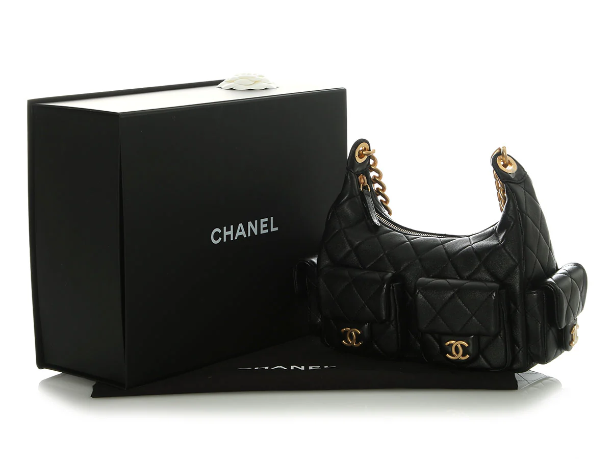 Chanel Small Black Quilted Shiny Lambskin Trendy Pockets Hobo - Image 2