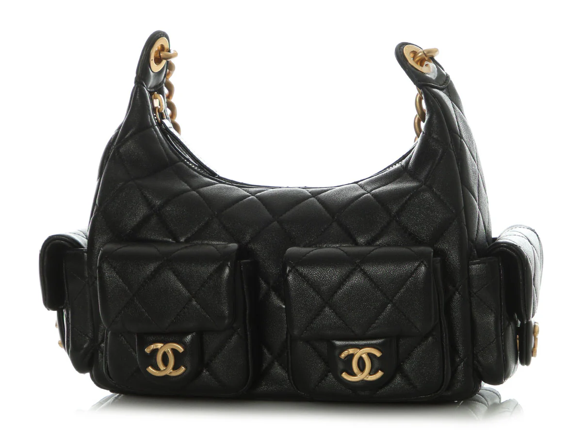 Chanel Small Black Quilted Shiny Lambskin Trendy Pockets Hobo - Image 3