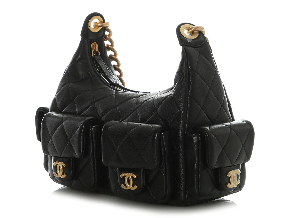 Chanel Small Black Quilted Shiny Lambskin Trendy Pockets Hobo - Image 4