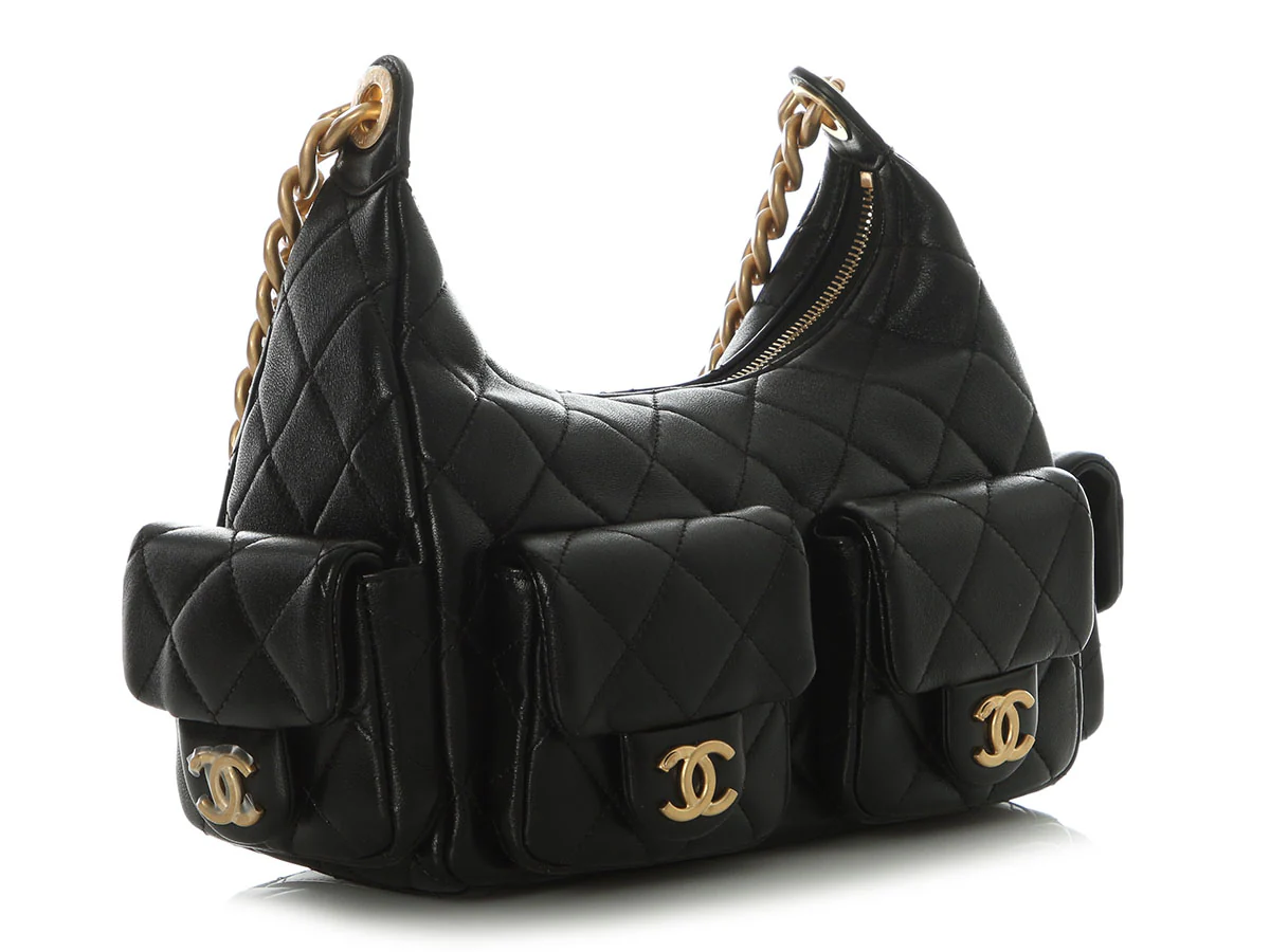 Chanel Small Black Quilted Shiny Lambskin Trendy Pockets Hobo - Image 6