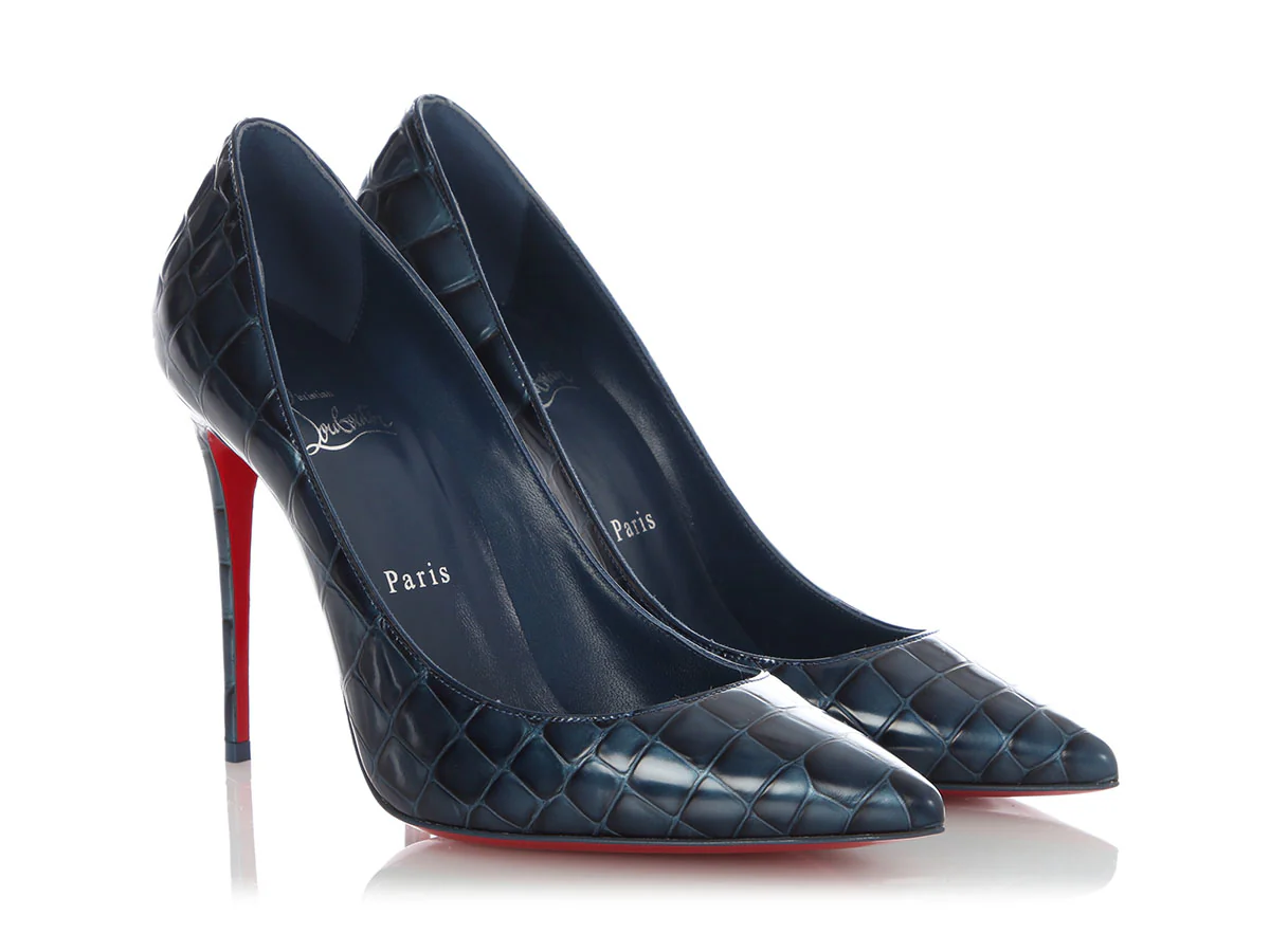 Christian Loubouin Navy Croc-Effect Kate 100 Pumps - Image 5