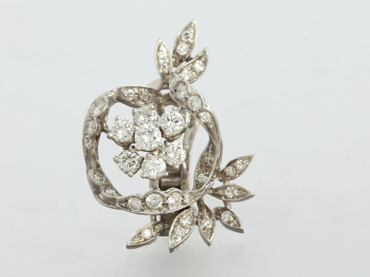18K White Gold Diamond Swirl Mid-Century Clip-On Earrings - Image 2