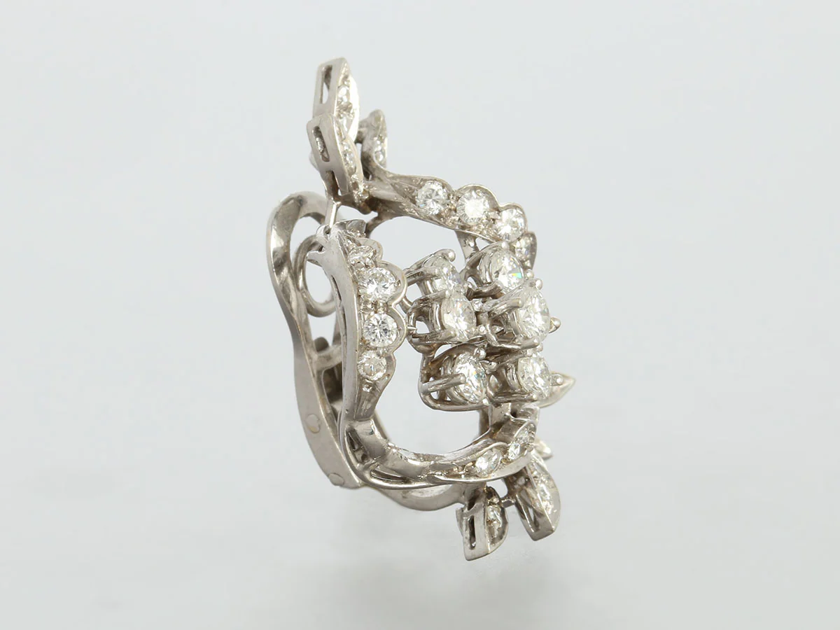 18K White Gold Diamond Swirl Mid-Century Clip-On Earrings - Image 3