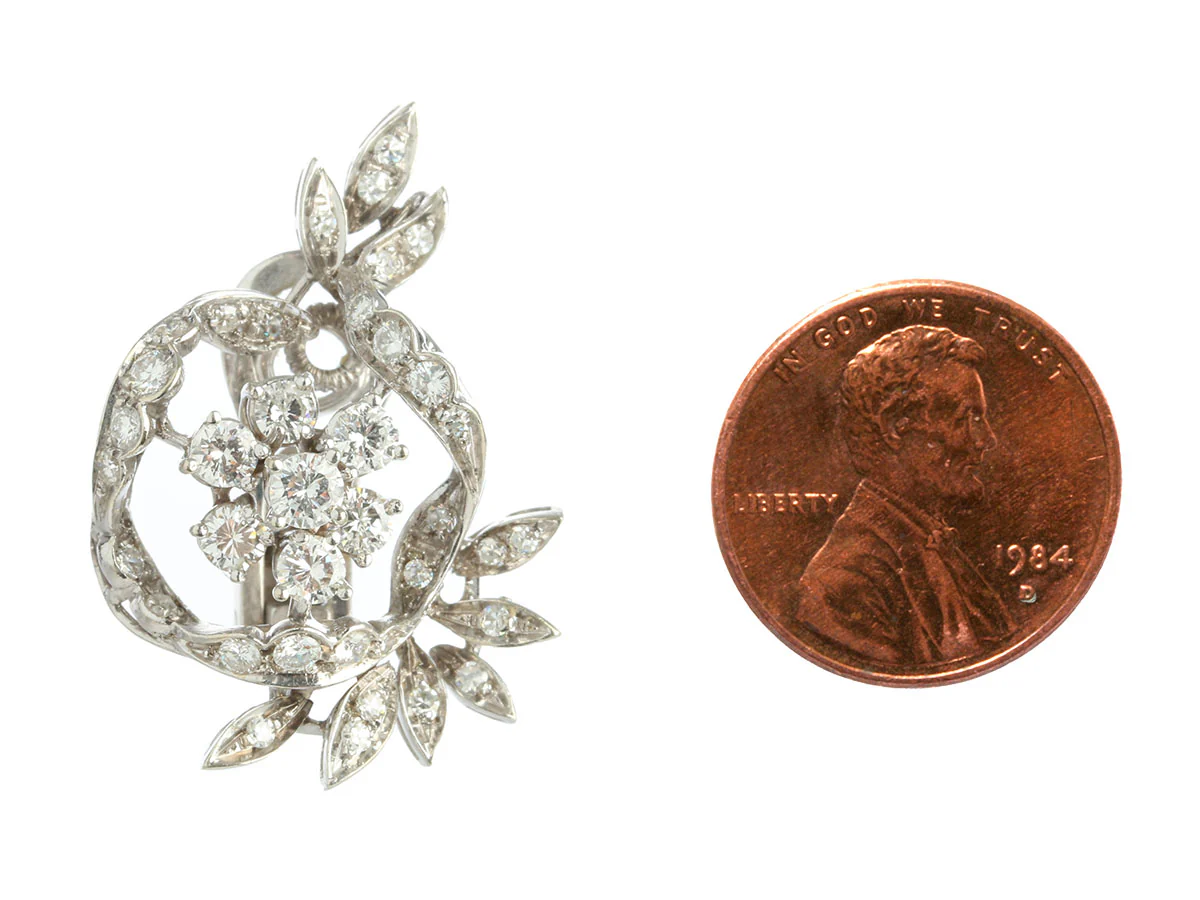18K White Gold Diamond Swirl Mid-Century Clip-On Earrings - Image 5