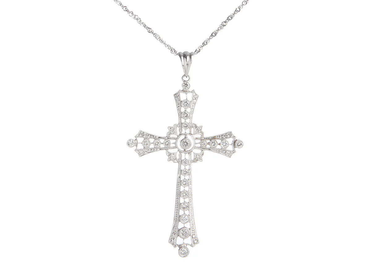 18K White Gold Diamond Cross Necklace