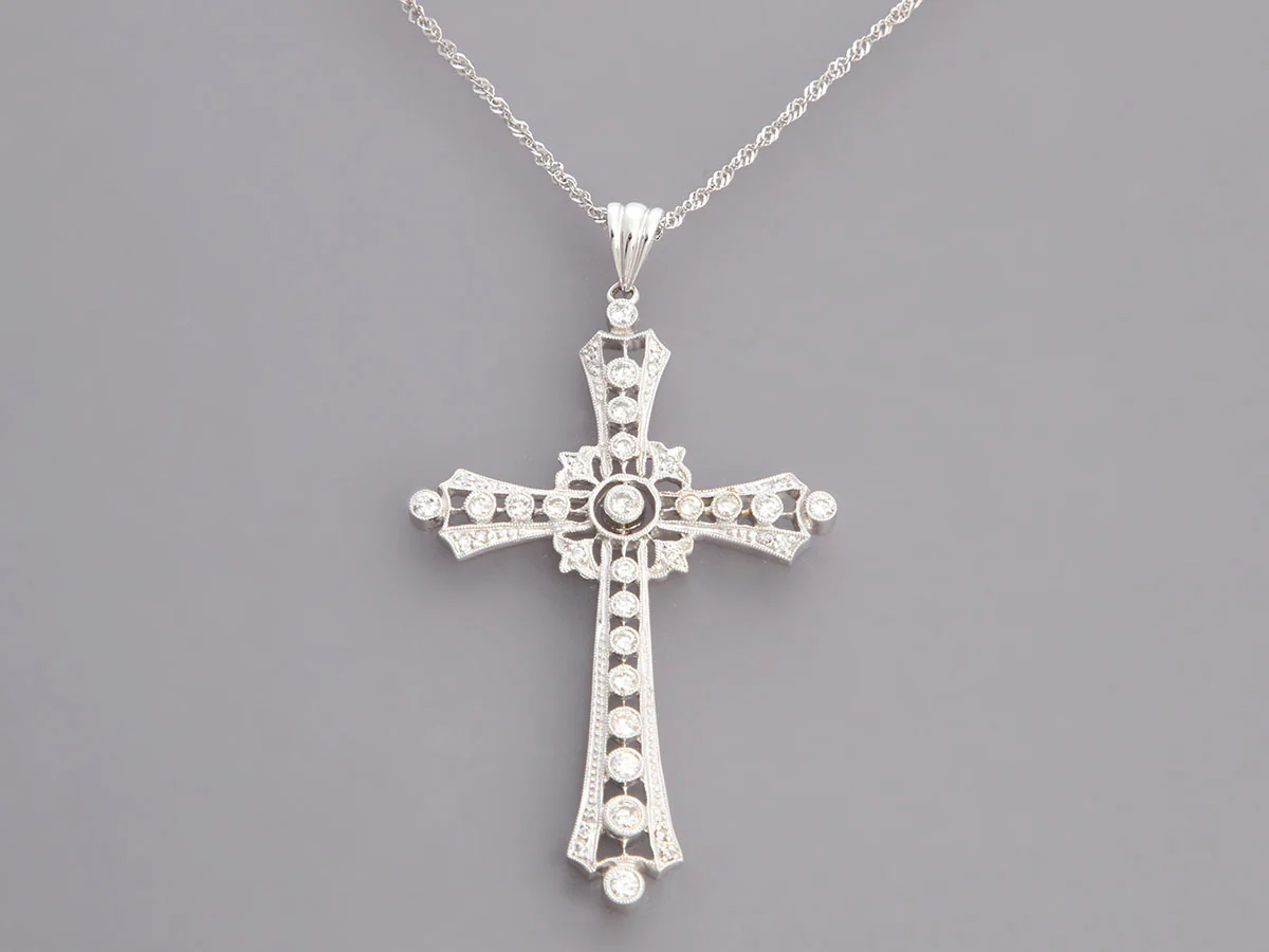 18K White Gold Diamond Cross Necklace - Image 2
