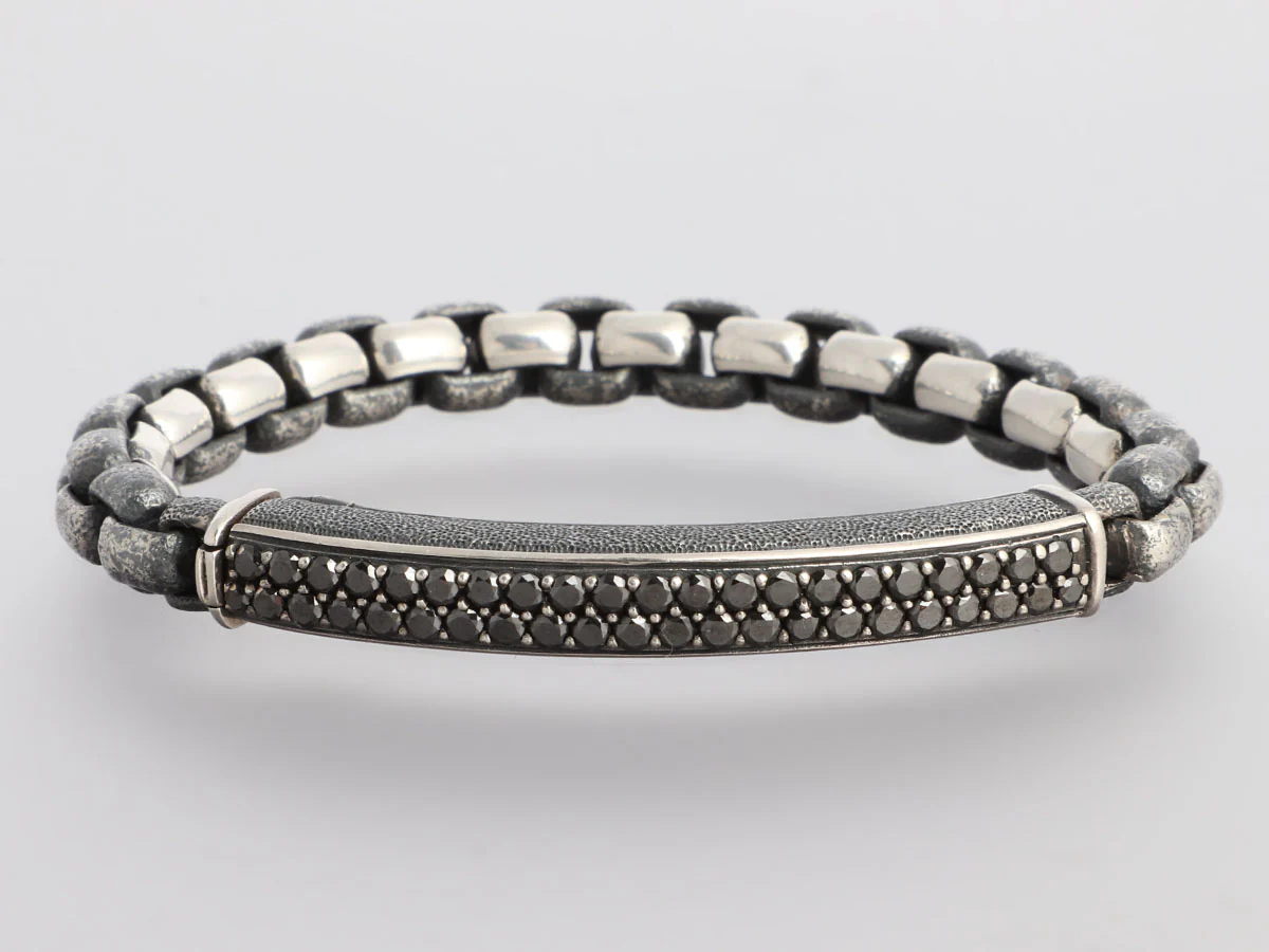 David Yurman Sterling Silver Double Row Black Diamond ID Bracelet - Image 2