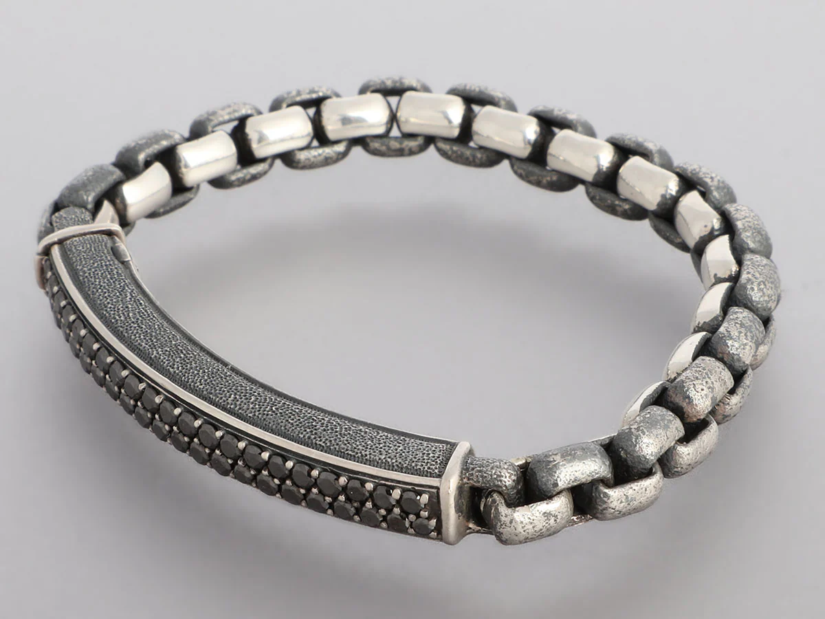 David Yurman Sterling Silver Double Row Black Diamond ID Bracelet - Image 3