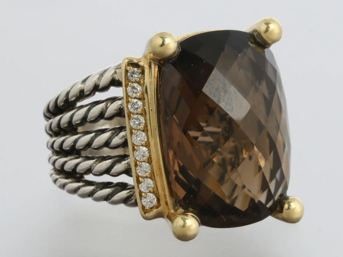 David Yurman Two-Tone Diamond and Smoky Topaz Wheaton Ring - Image 3
