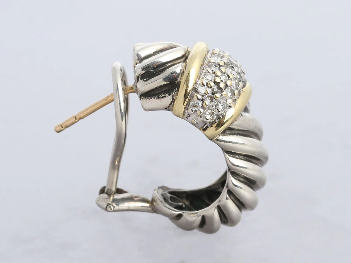 David Yurman Vintage Large Two-Tone Pavé Diamond Shrimp Pierced Earrings - Image 3