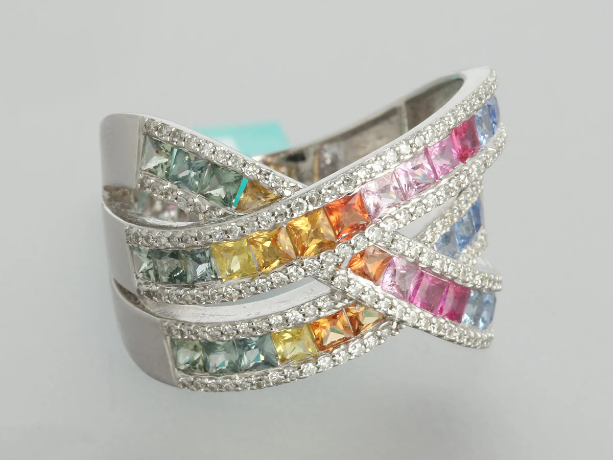Effy 14K White Gold Diamond and Rainbow Sapphire Watercolors Ring - Image 2