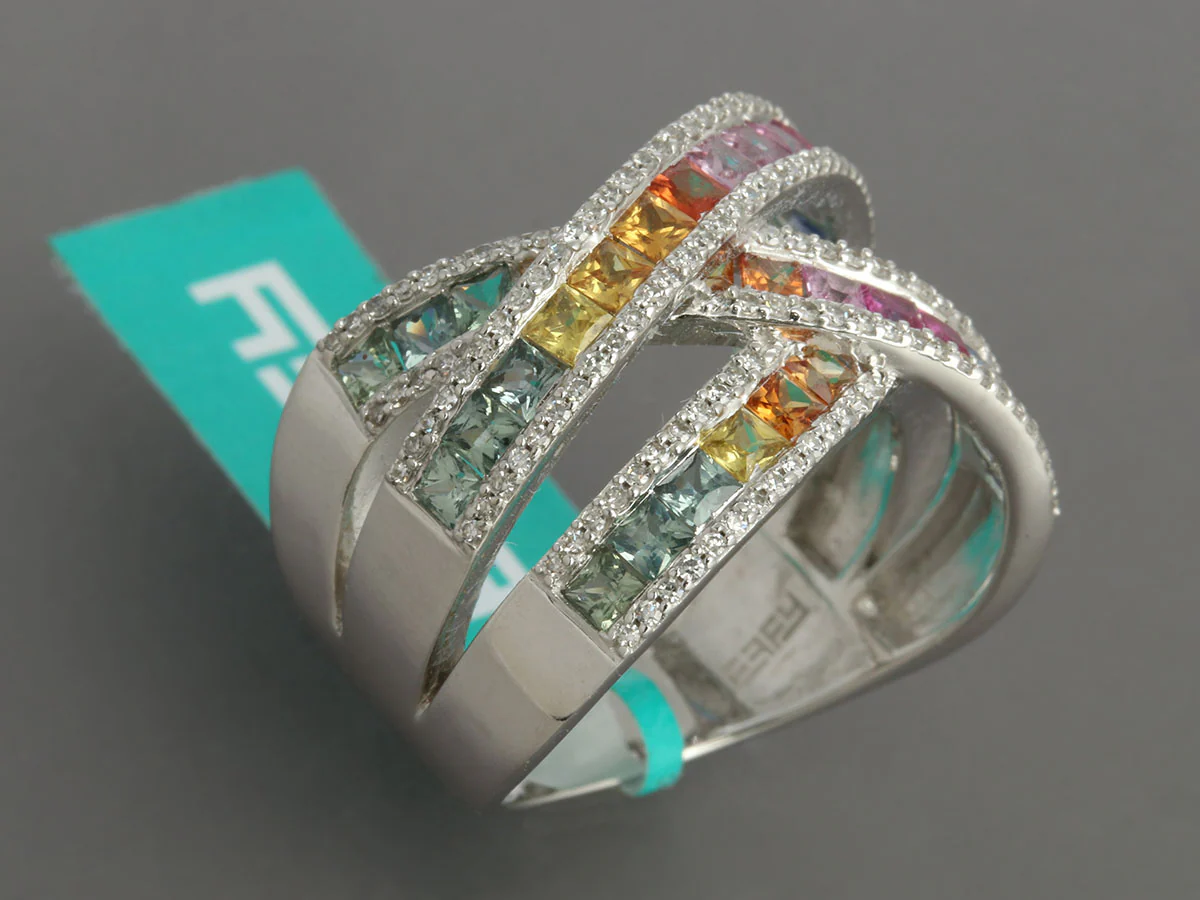 Effy 14K White Gold Diamond and Rainbow Sapphire Watercolors Ring - Image 3