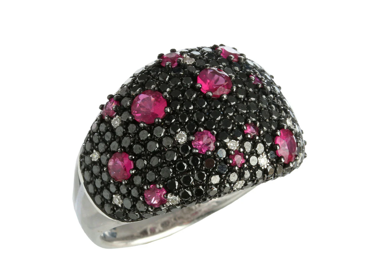 Effy 14K White Gold Black Diamond, White Diamond, and Ruby Dome Ring