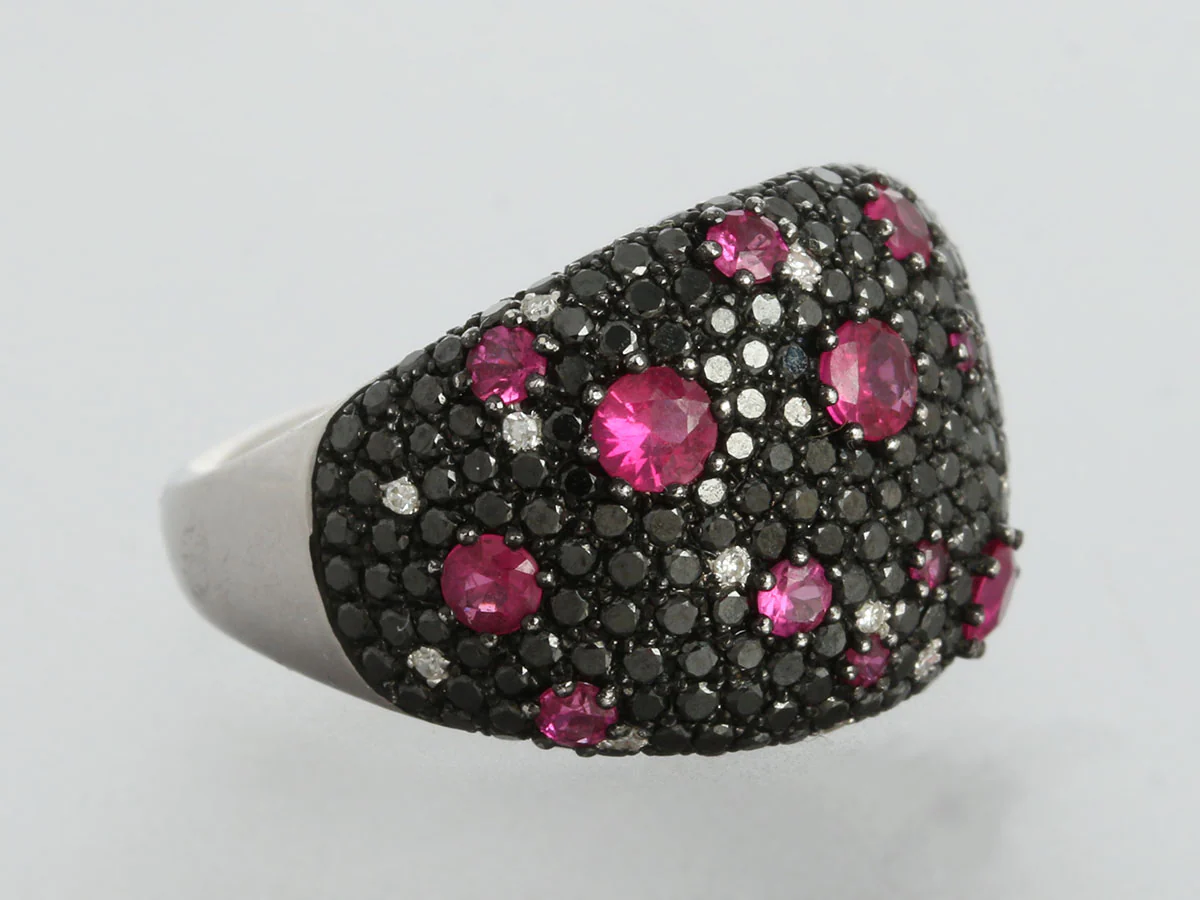 Effy 14K White Gold Black Diamond, White Diamond, and Ruby Dome Ring - Image 2