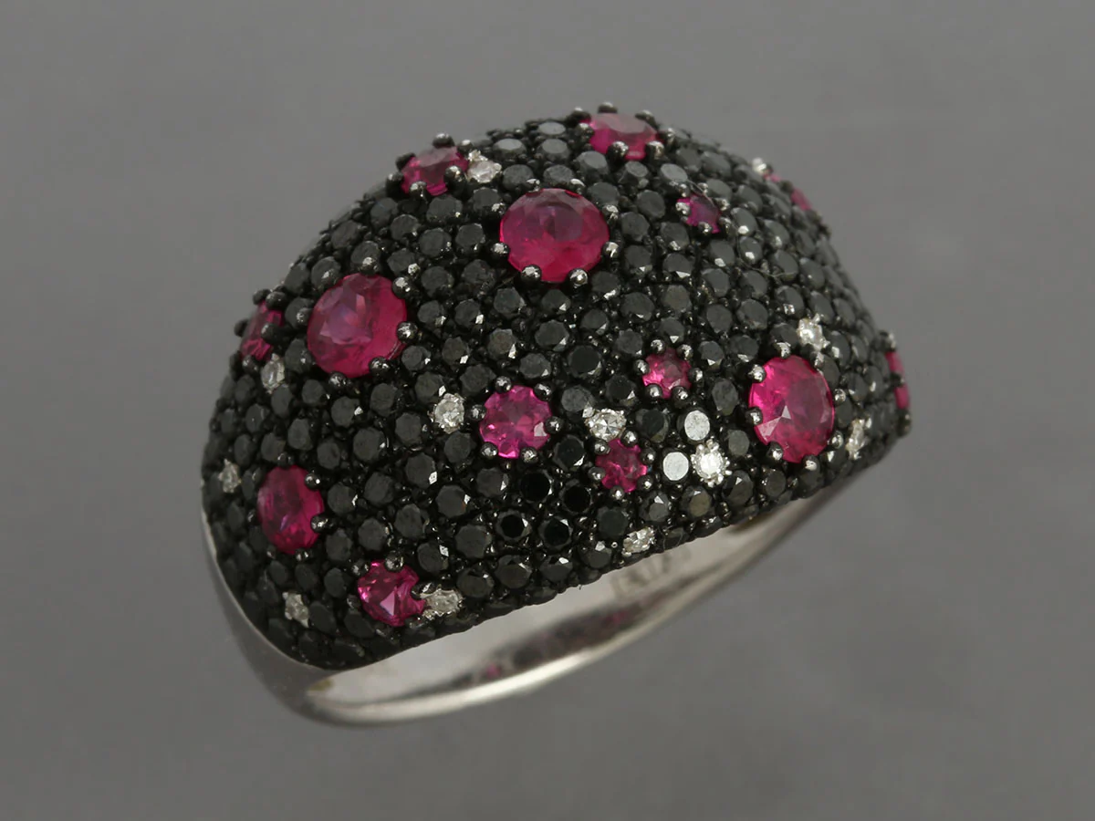 Effy 14K White Gold Black Diamond, White Diamond, and Ruby Dome Ring - Image 3