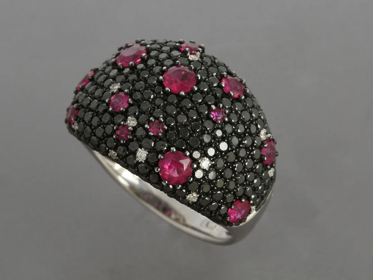 Effy 14K White Gold Black Diamond, White Diamond, and Ruby Dome Ring - Image 5
