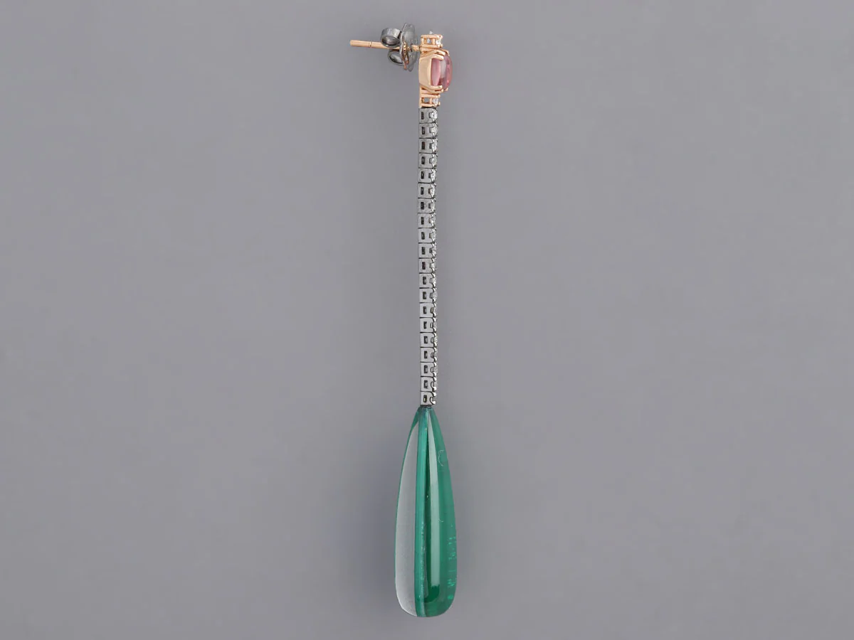 Two-Tone 18K Gold Emerald Diamond Pierced Drop Earrings - Image 3