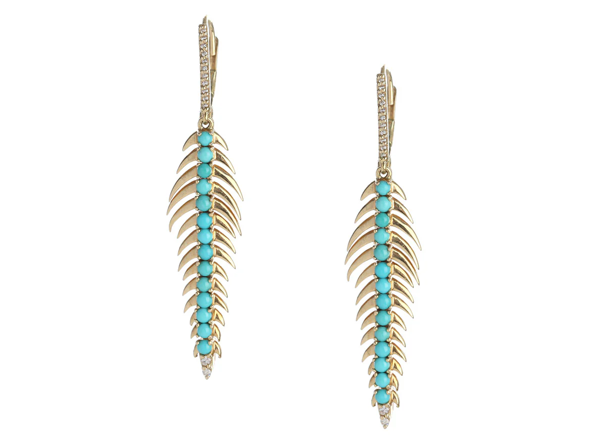 14K Yellow Gold Turquoise Diamond Long Feather Pierced Drop Earrings
