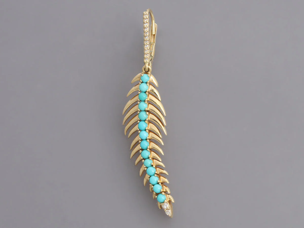 14K Yellow Gold Turquoise Diamond Long Feather Pierced Drop Earrings - Image 2
