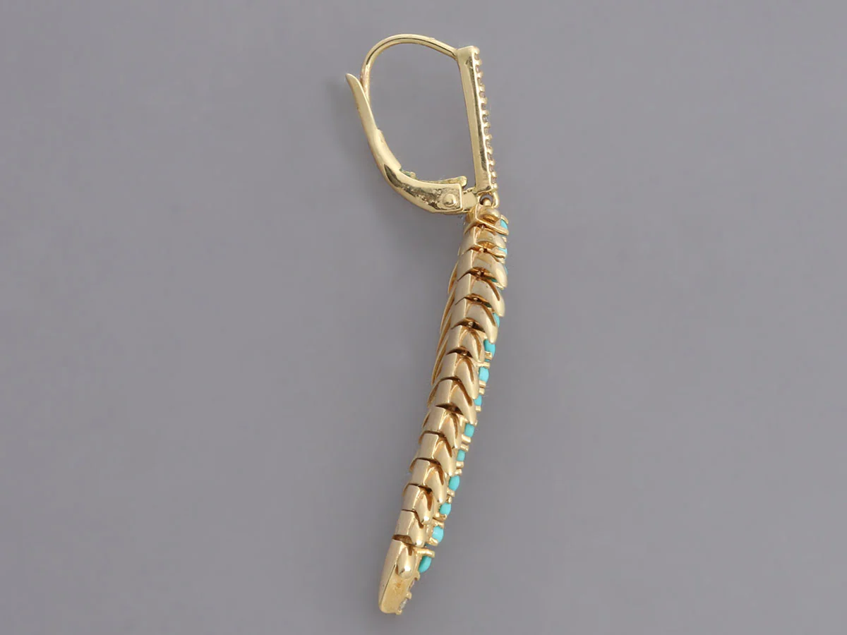 14K Yellow Gold Turquoise Diamond Long Feather Pierced Drop Earrings - Image 3