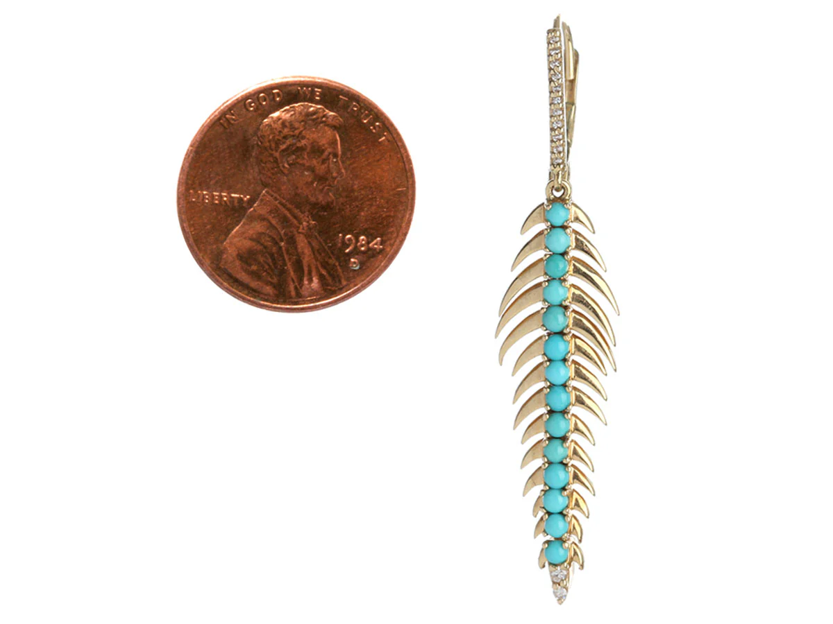 14K Yellow Gold Turquoise Diamond Long Feather Pierced Drop Earrings - Image 5