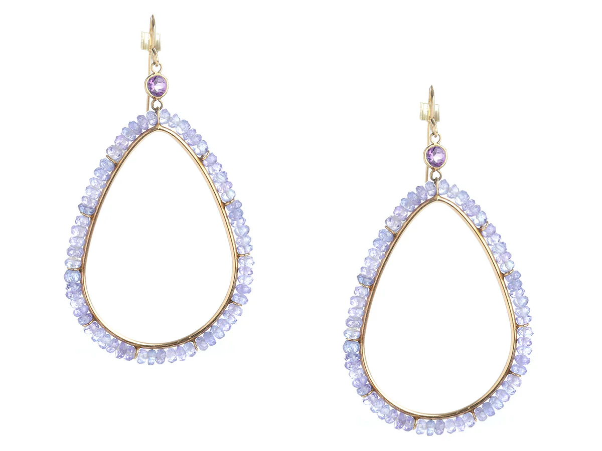 14K Yellow Gold Amethyst and Tanzanite Bead Pierced Drop Earrings