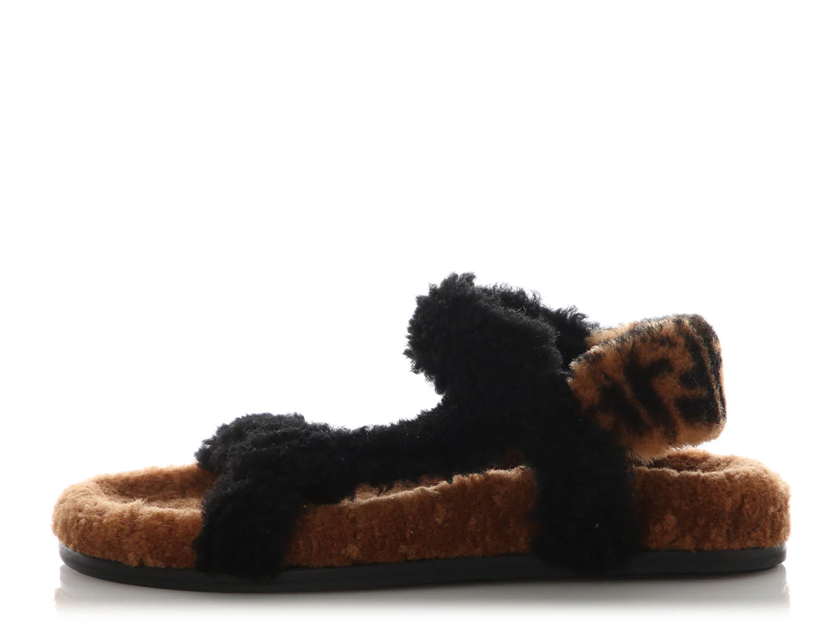 Fendi Brown and Black FF Zucca Shearling Sandals - Image 2